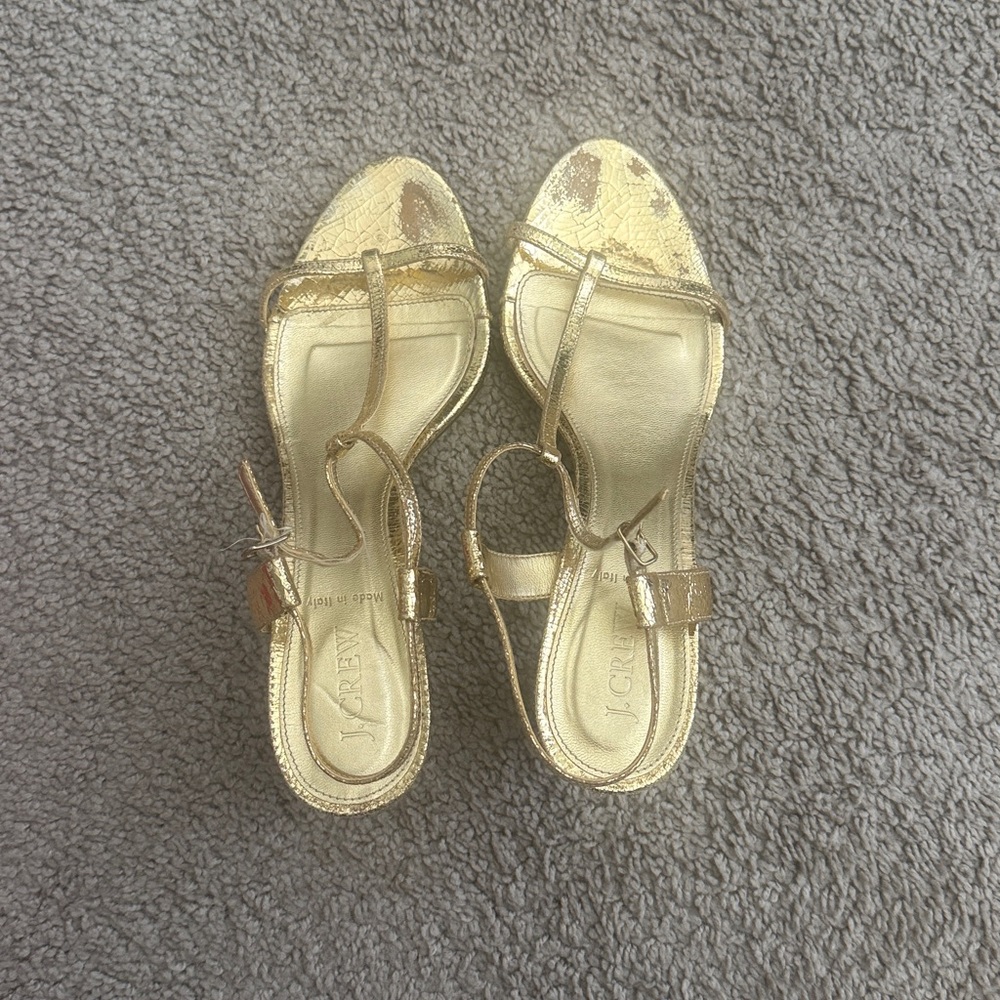 J. Crew Carlina Gold T-Strap Slingback Heel Sandals